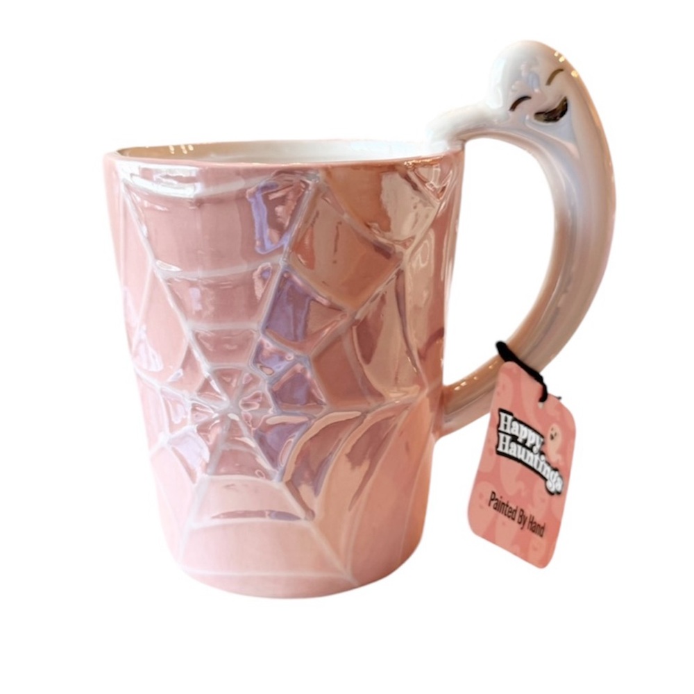 👻🩷 PINK SPIDERWEB Iridescent Smiling Ghost Halloween Mug NEW